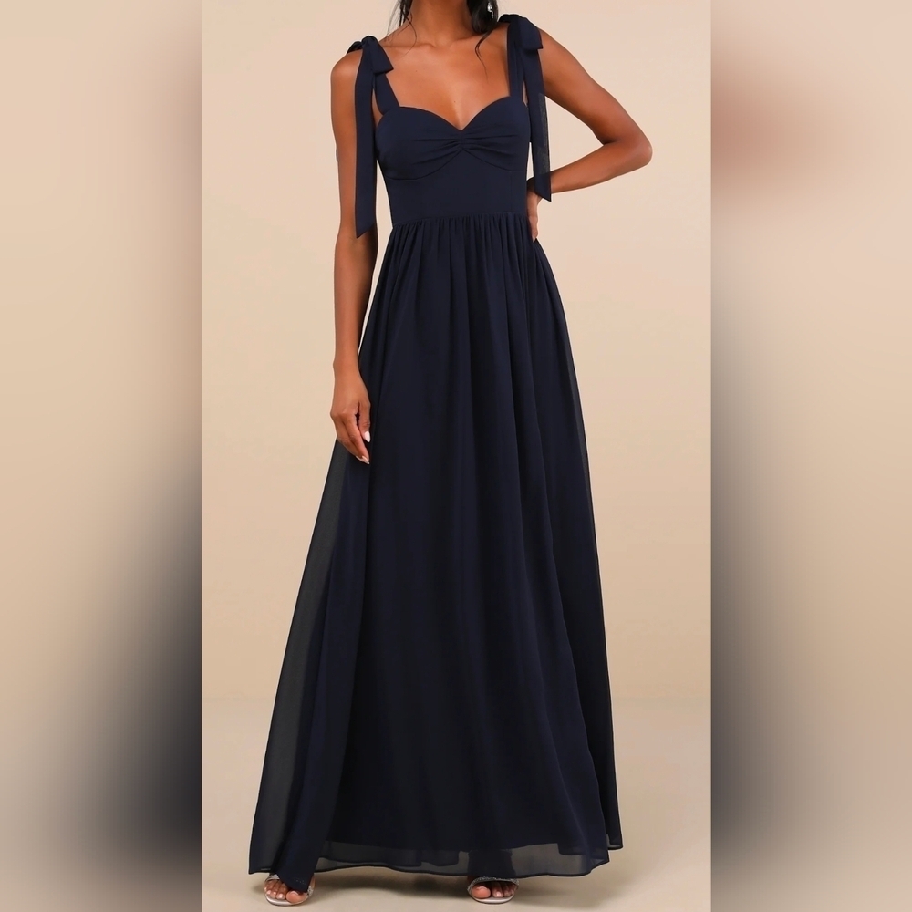 Lulus Radiant Charisma Navy Chiffon Ruched Tie-Strap Maxi Dress